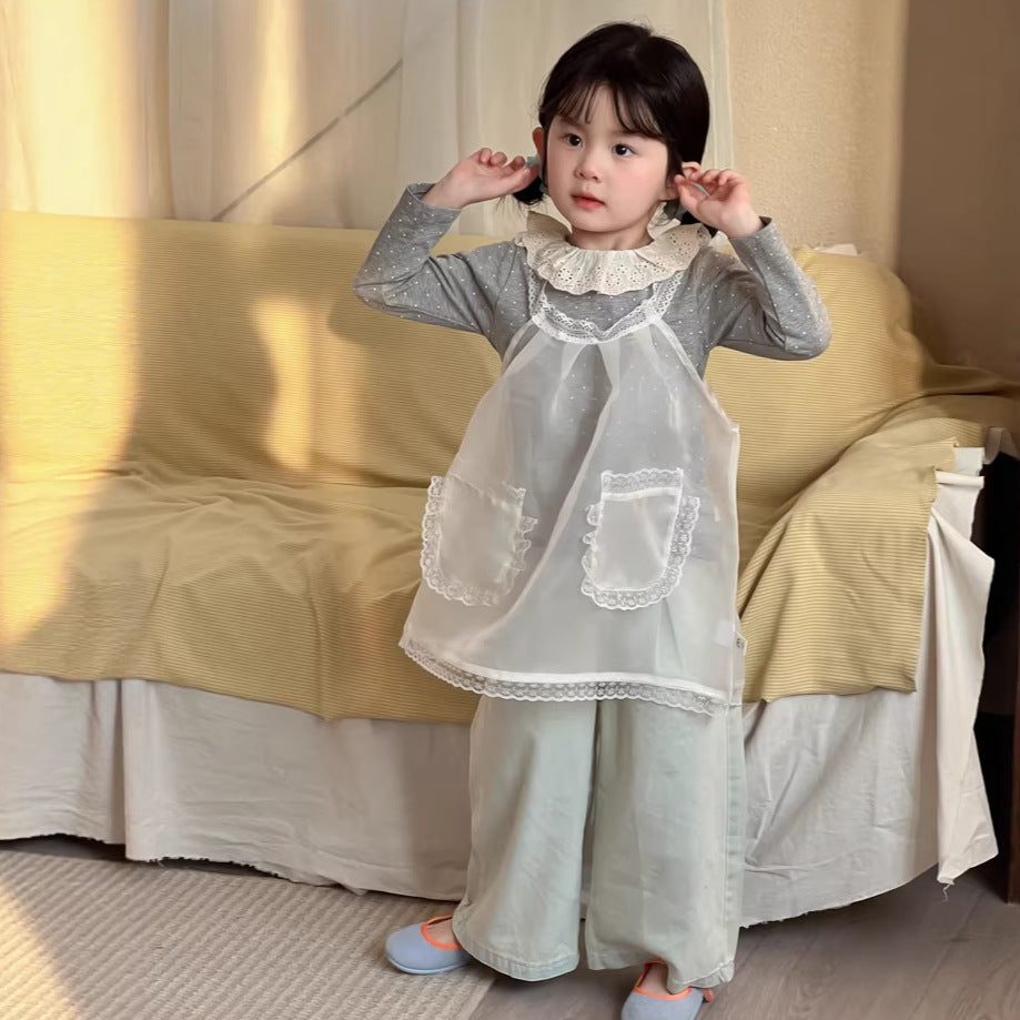 【90-140cm】蕾絲網紗連身裙 |花邊罩衫吊帶裙外穿上衣