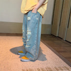 【90-150cm】韓版時尚破洞直筒牛仔褲