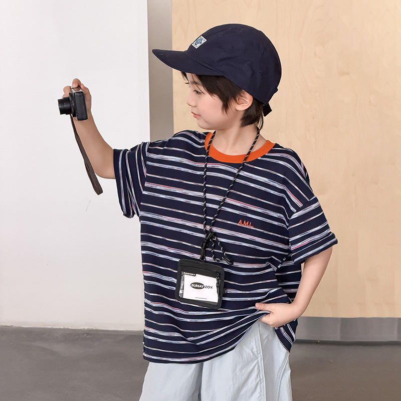 【100-170cm】撞色條紋涼爽短袖