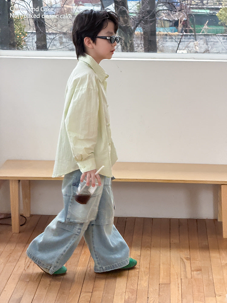 【100-170cm】純色寬鬆口袋襯衫