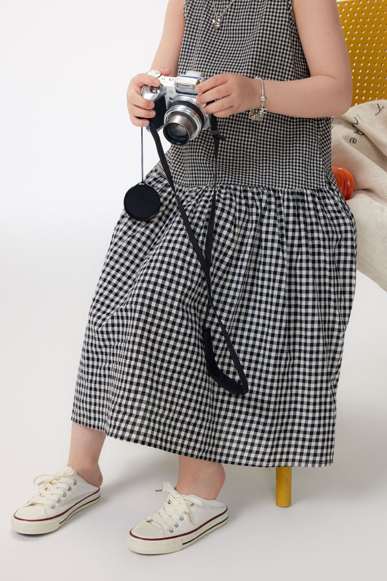 【90-150cm / M.L】【親子裝】日系大小格子拼接無袖連身裙