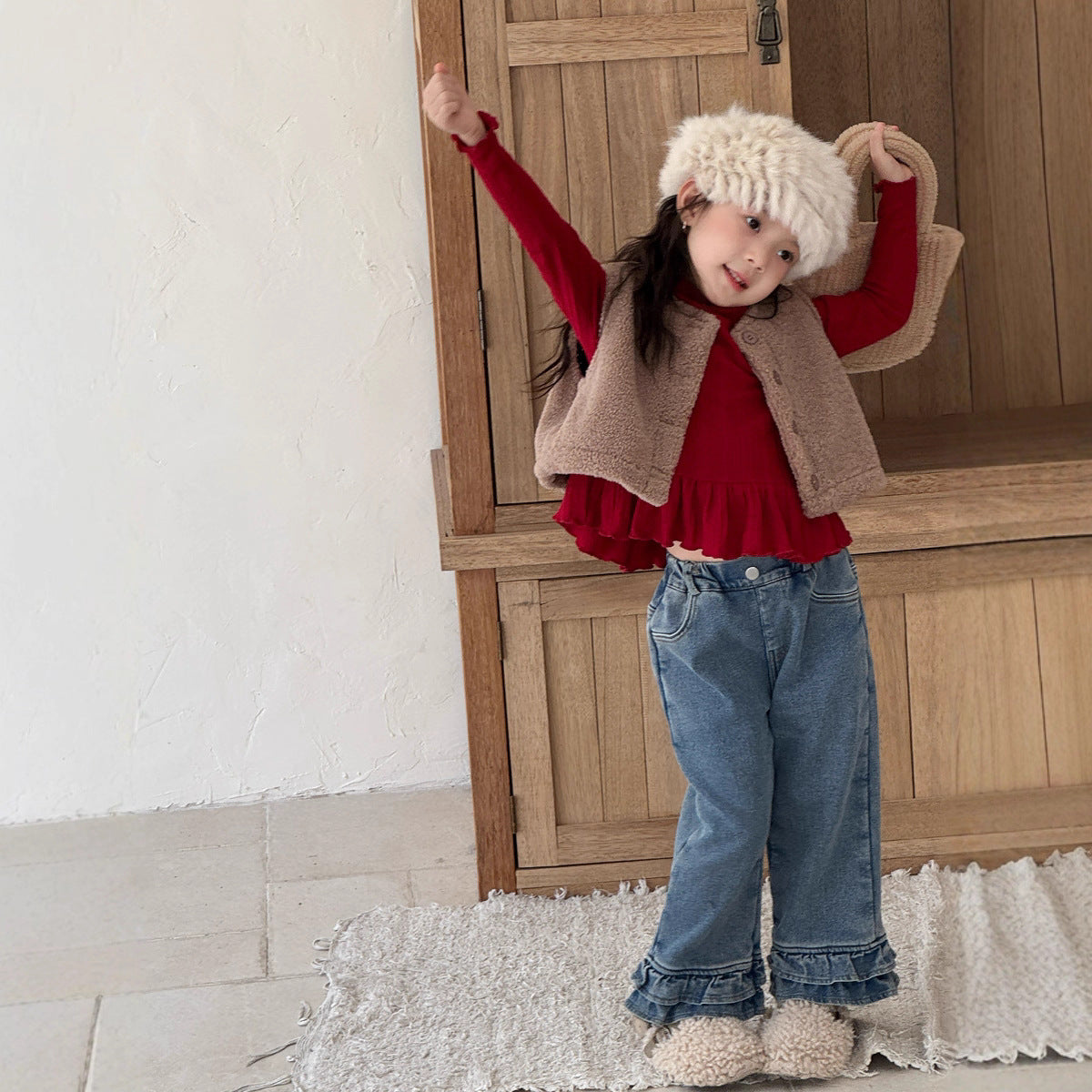 【現貨 110cm】【加絨】花邊褲腳直筒褲