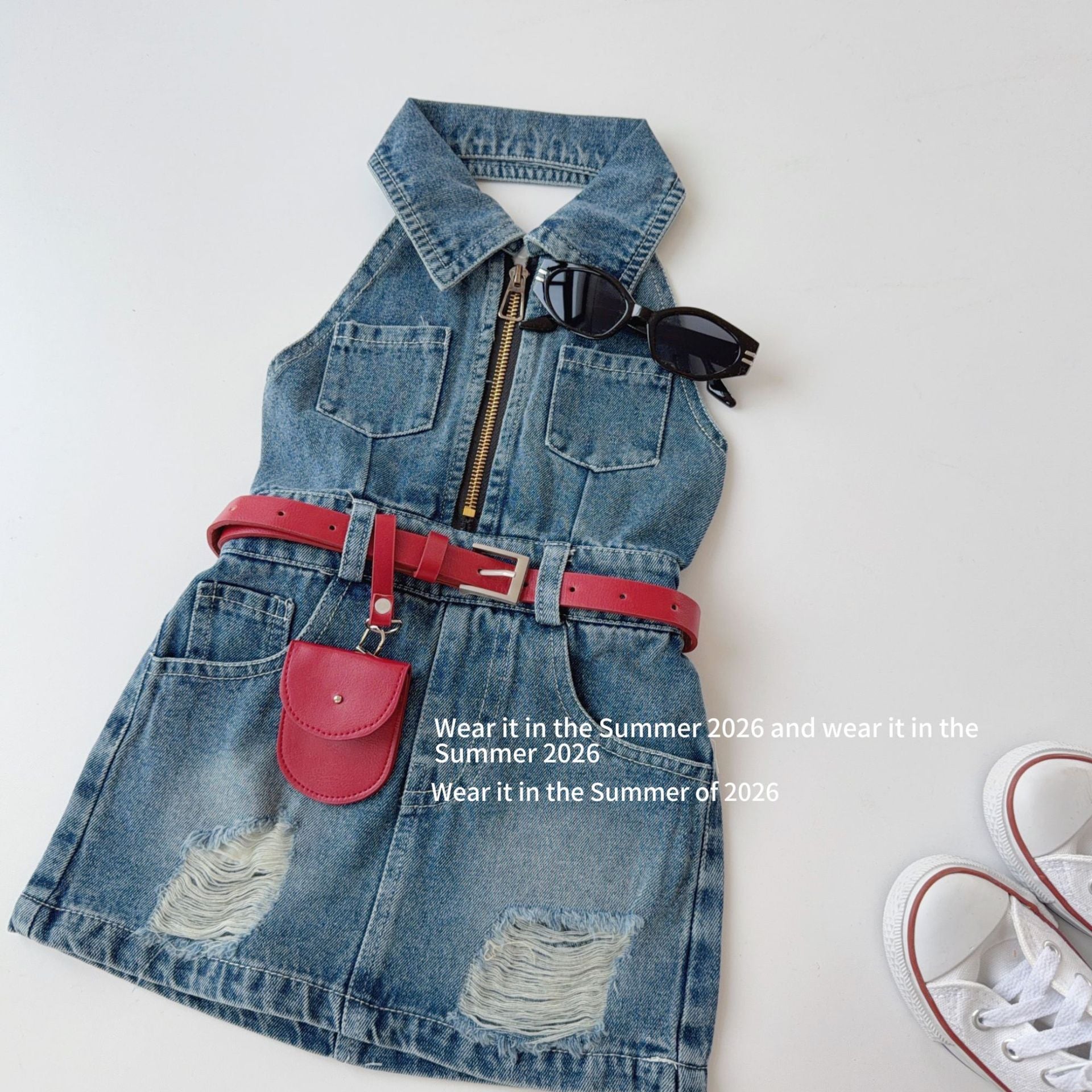 【90-150cm】【送包包皮帶】復古露背掛脖無袖翻領拉鍊高腰連身裙