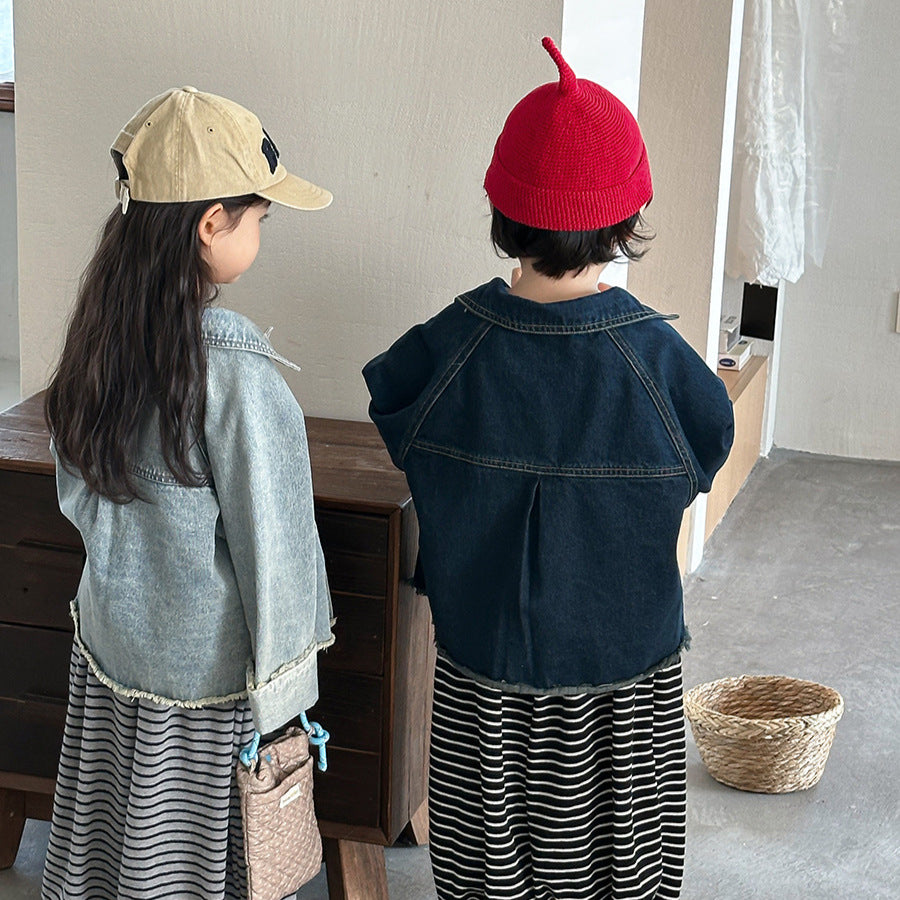 【80-140cm】復古毛邊牛仔外套