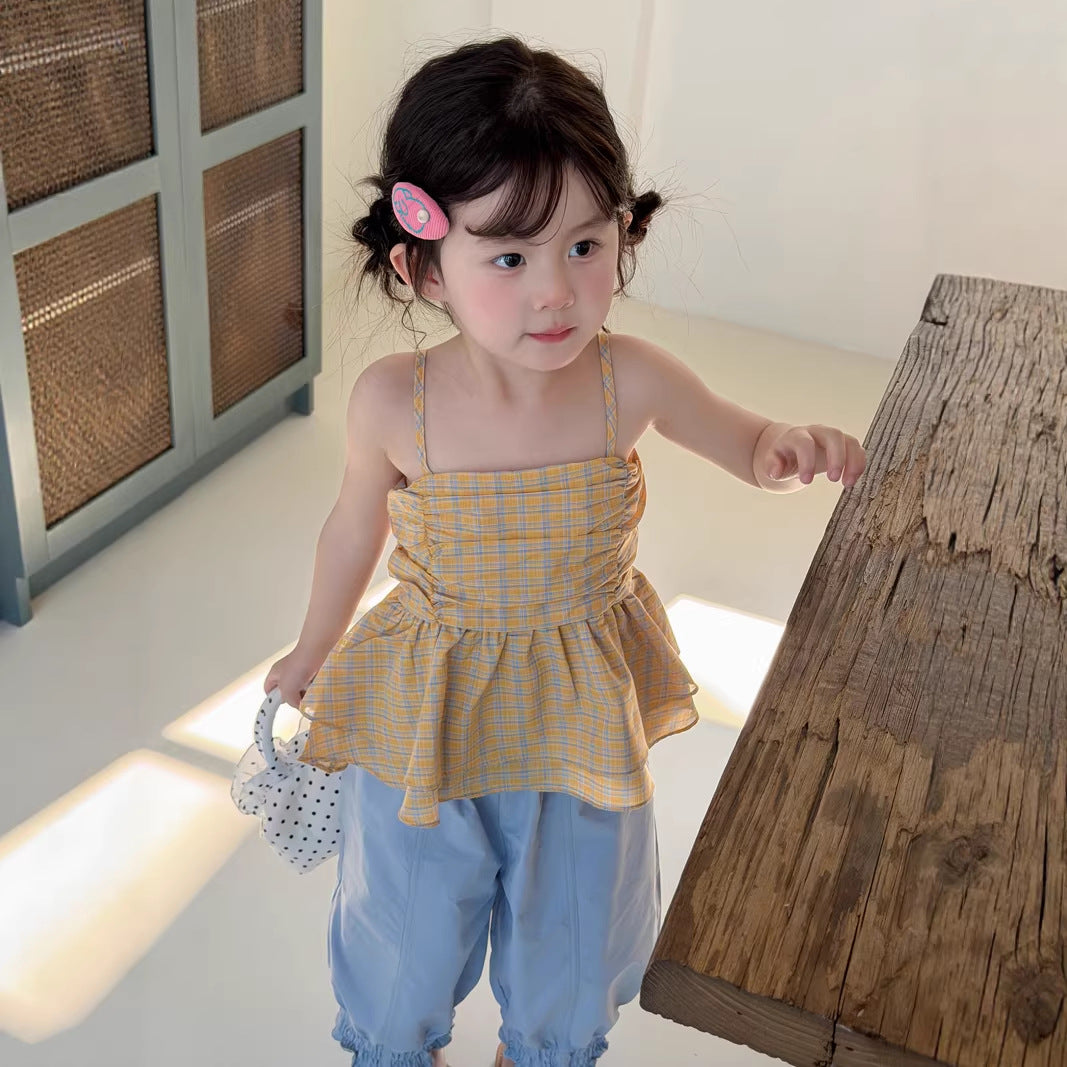 【90-140cm】韓版格子露背細肩背心