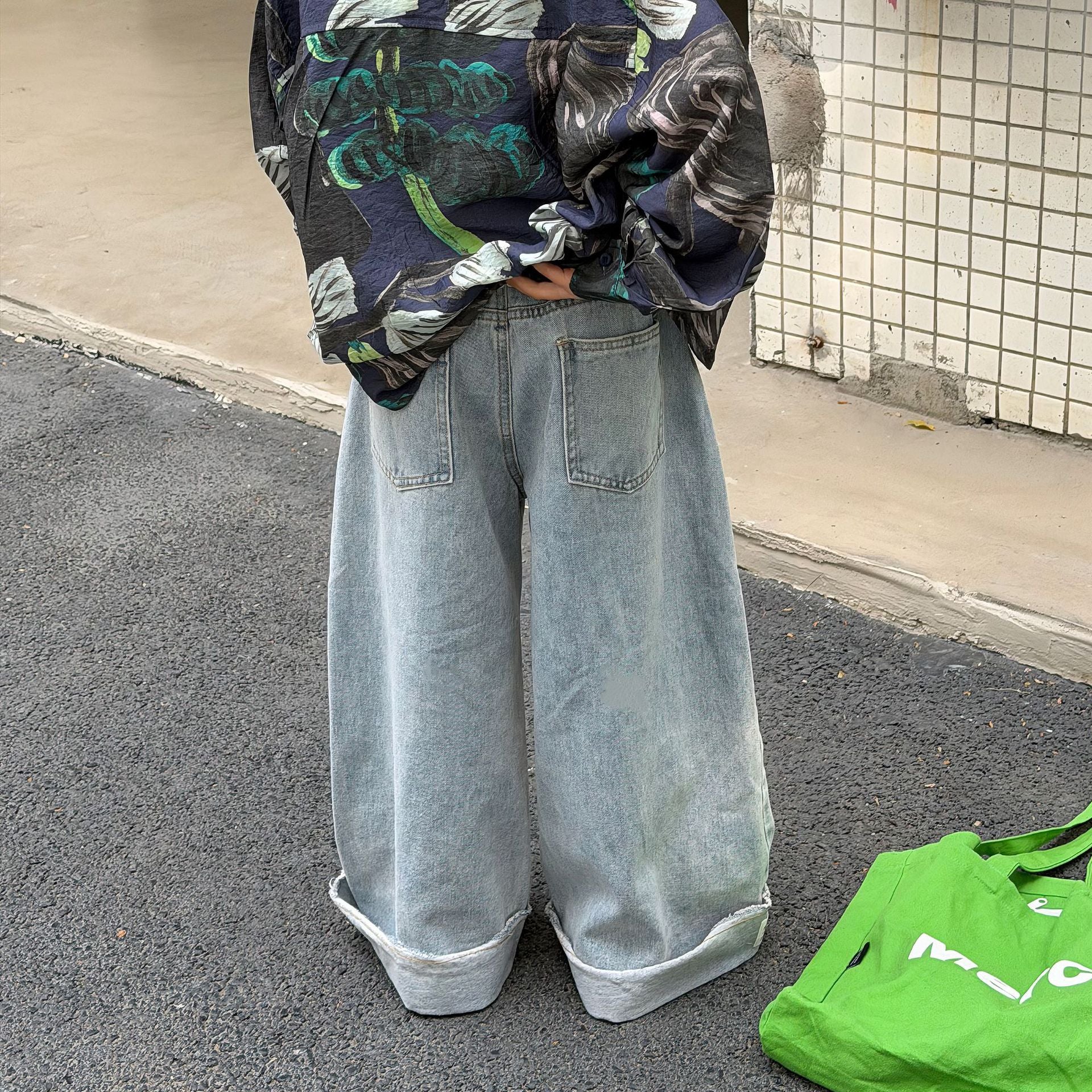 【90-160cm】韓版休閒翻邊水洗軟牛仔褲