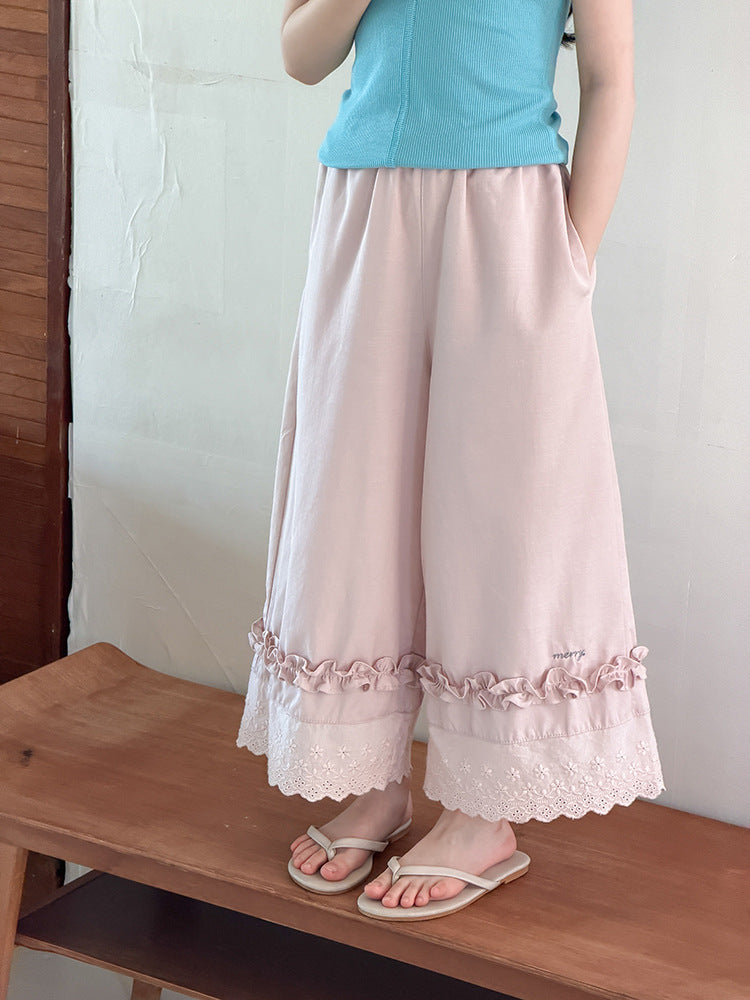 【100-170cm】甜美花邊冰感闊腿褲