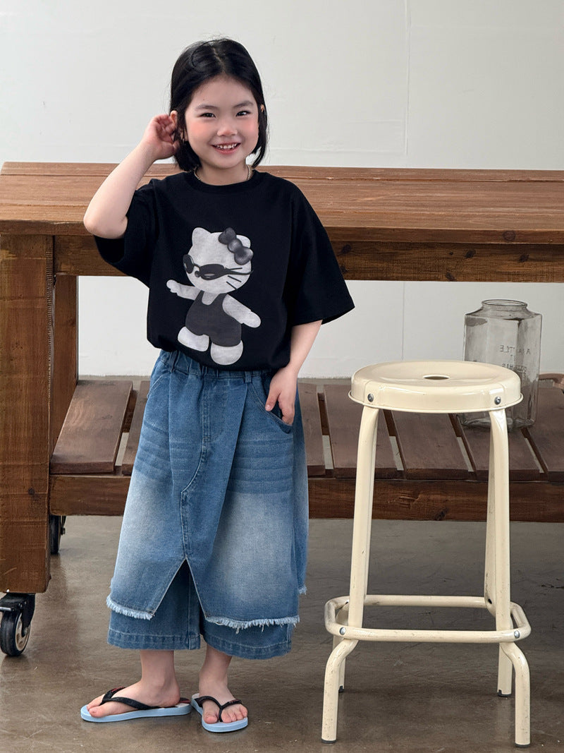 【120-160cm】不規則屁簾拼接寬腿七分牛仔褲