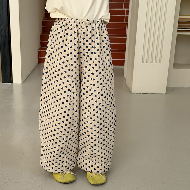 【100-170cm】寬鬆甜美棉質圓點褲子休閒波點褲