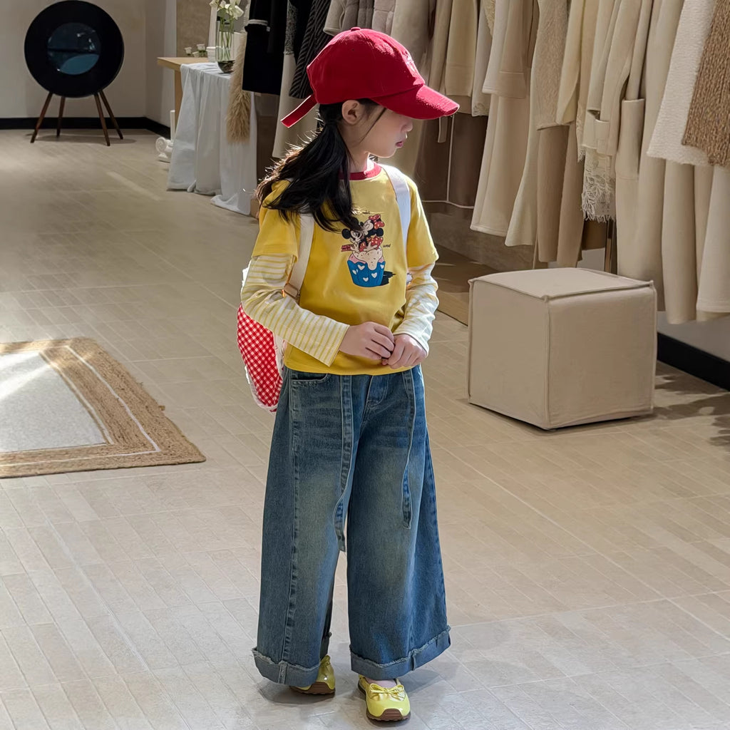 【100-160cm】韓版拼接米奇米妮假兩件上衣