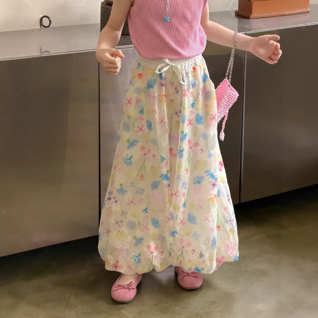 【100-160cm】韓版滿印花朵休閒褲
