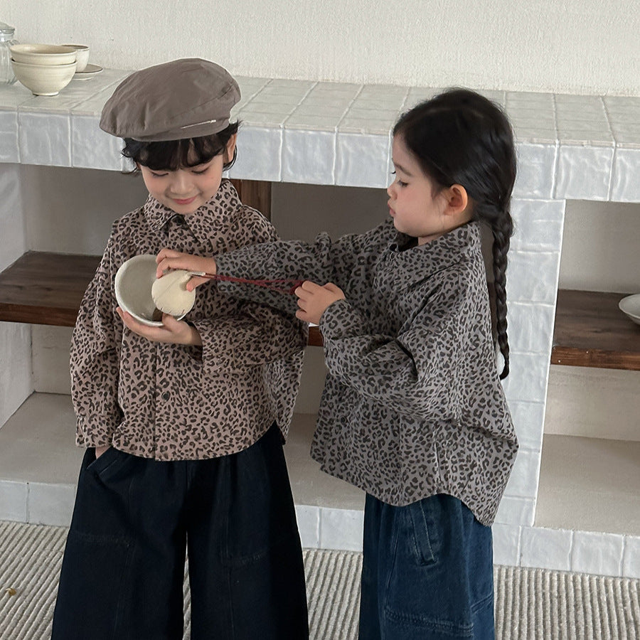 【80-140cm】復古港風豹紋襯衫