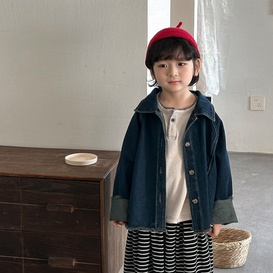 【80-140cm】復古毛邊牛仔外套