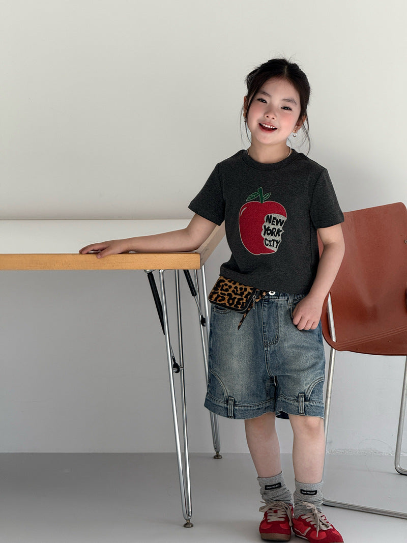 【120-160cm】復古色不規則牛仔中褲