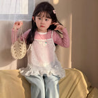 【90-140cm】蕾絲花朵鏤空網吊帶上衣 | 拼色假兩件彈力打底衫