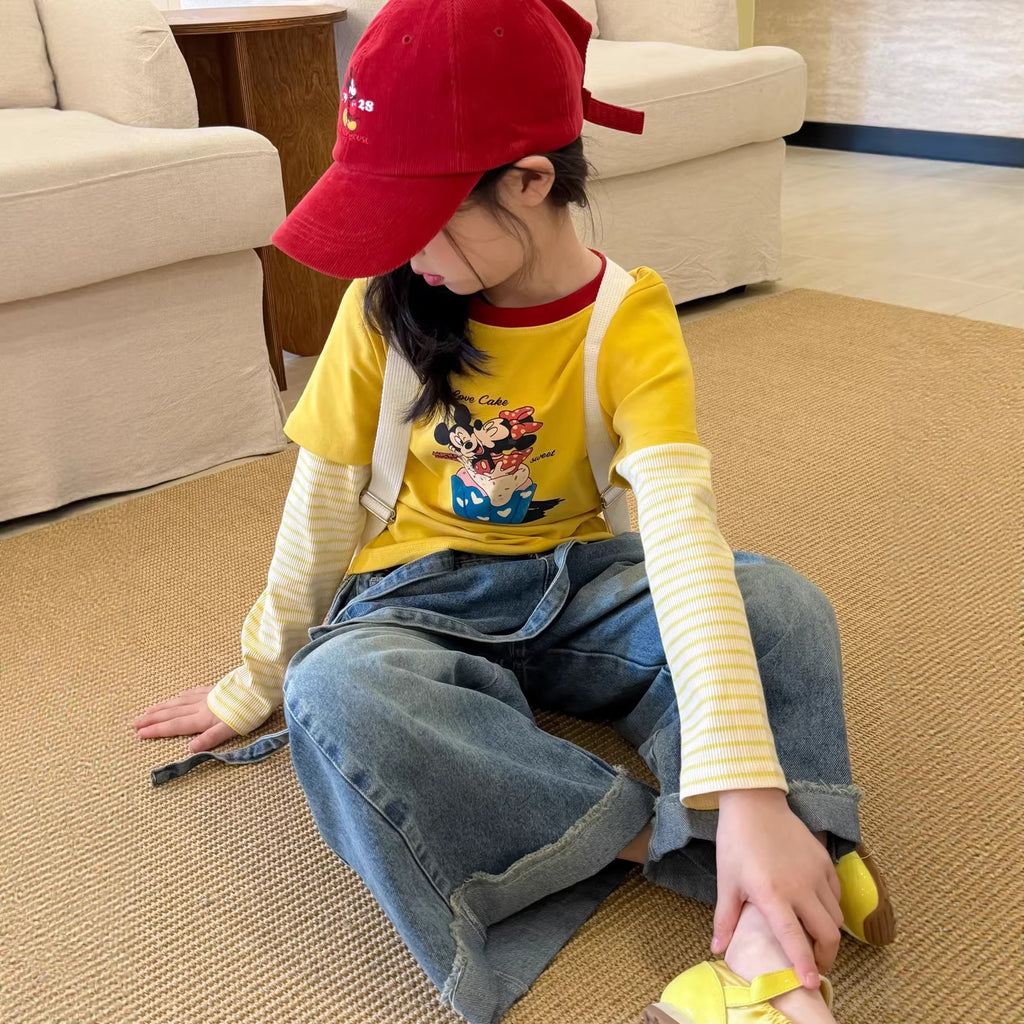 【100-160cm】韓版拼接米奇米妮假兩件上衣