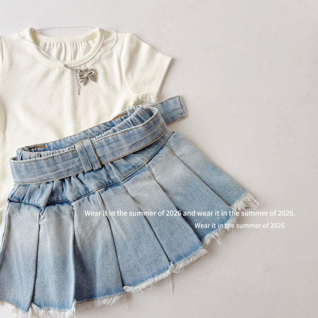 【90-150cm】荷葉邊鬆緊高腰牛仔百褶裙