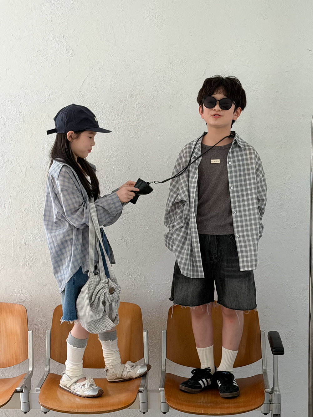 【100-160cm】韓版防曬格子襯衫