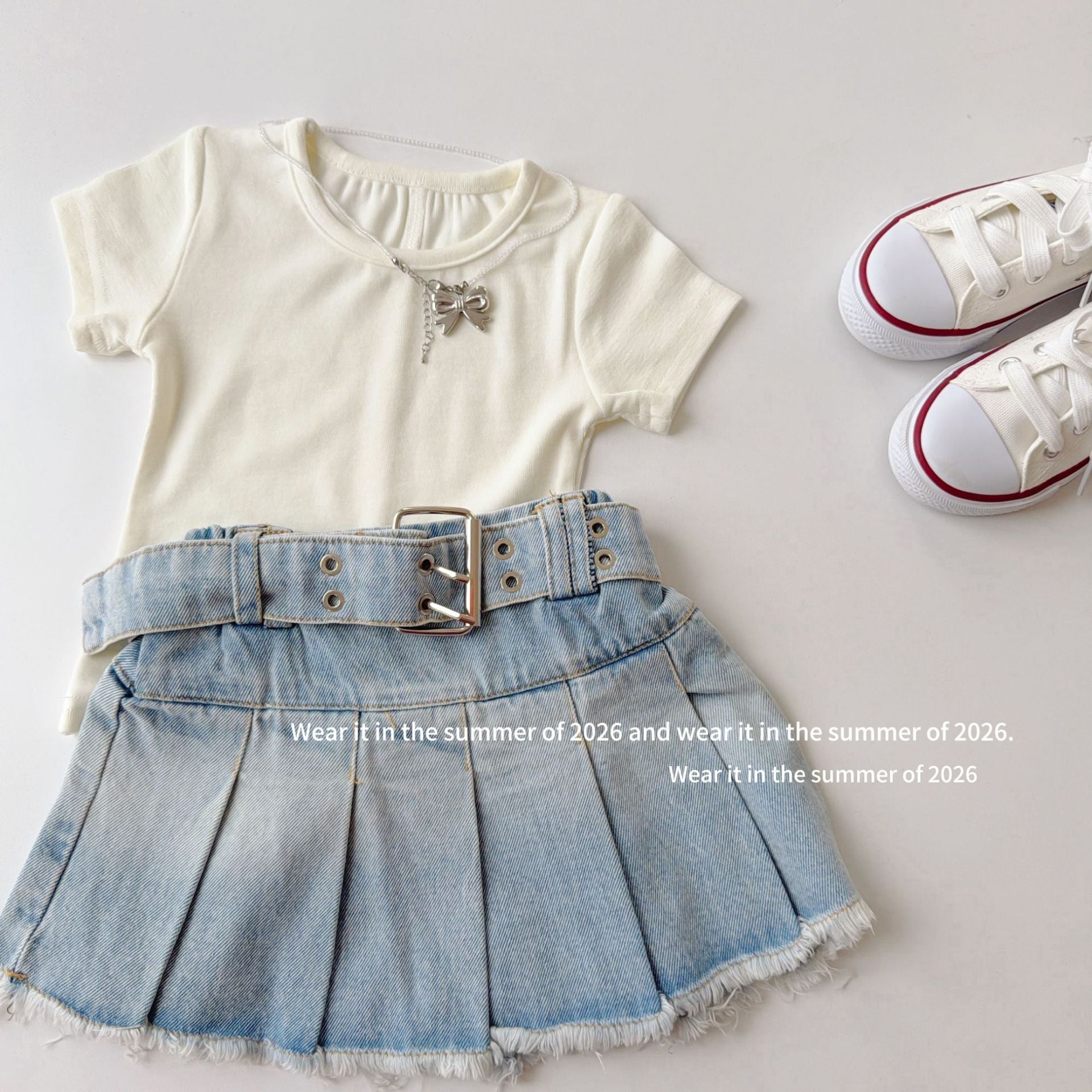 【90-150cm】荷葉邊鬆緊高腰牛仔百褶裙