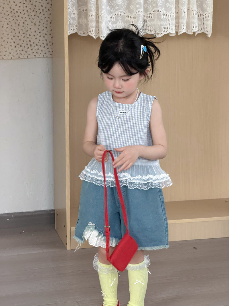【90-140cm】韓版蕾絲花邊格子背心