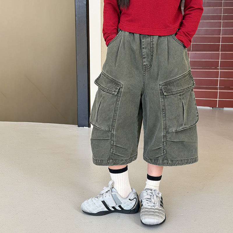 【100-170cm】個性時髦口袋工裝風七分褲