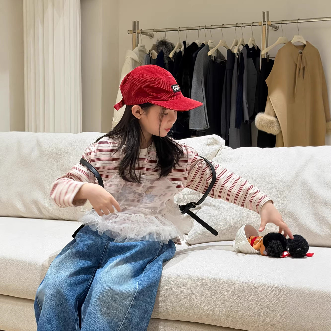 【100-160cm】百搭條紋米奇印花T+網紗兩件套