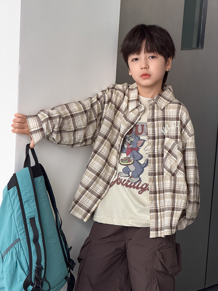【100-170cm】休閒格子防曬字母襯衫