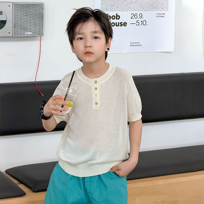【100-170cm】2色~老錢風排扣涼感針織上衣
