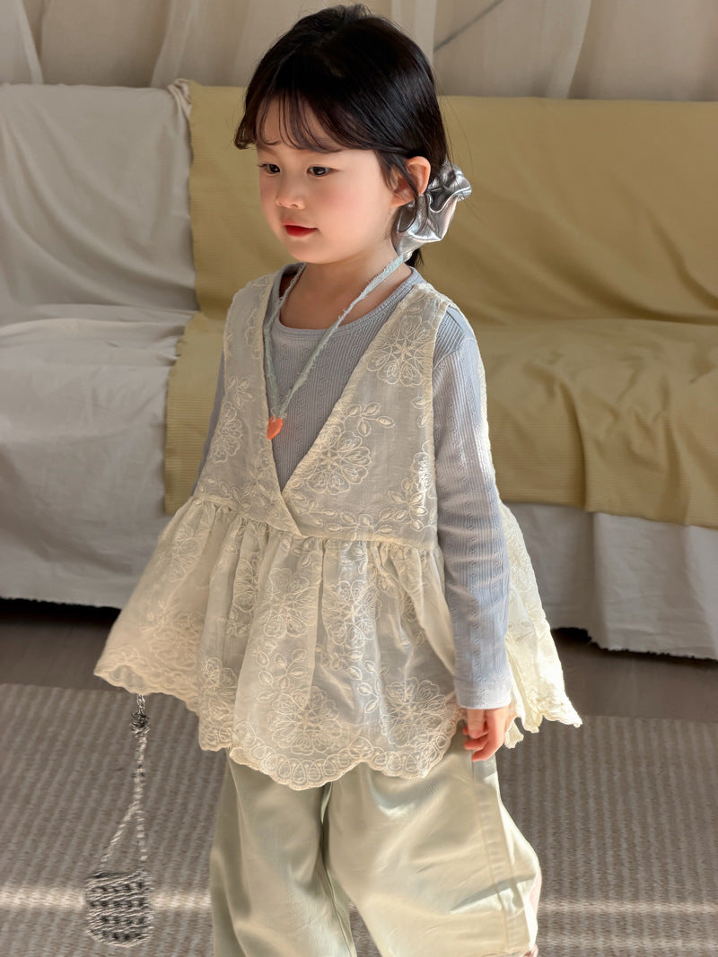 【90-140cm】韓版蕾絲網紗背心針織打底衫背心裙罩衫