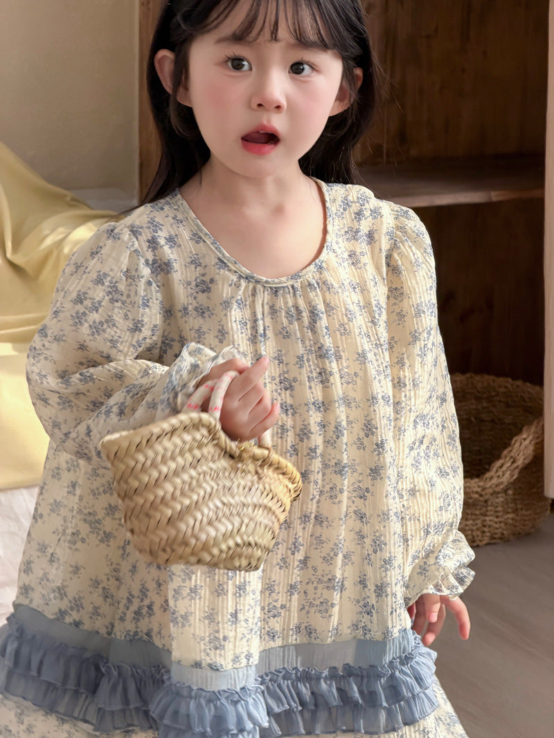 【90-140cm】雪紡碎花連身裙 | 小清新拼條公主連身裙