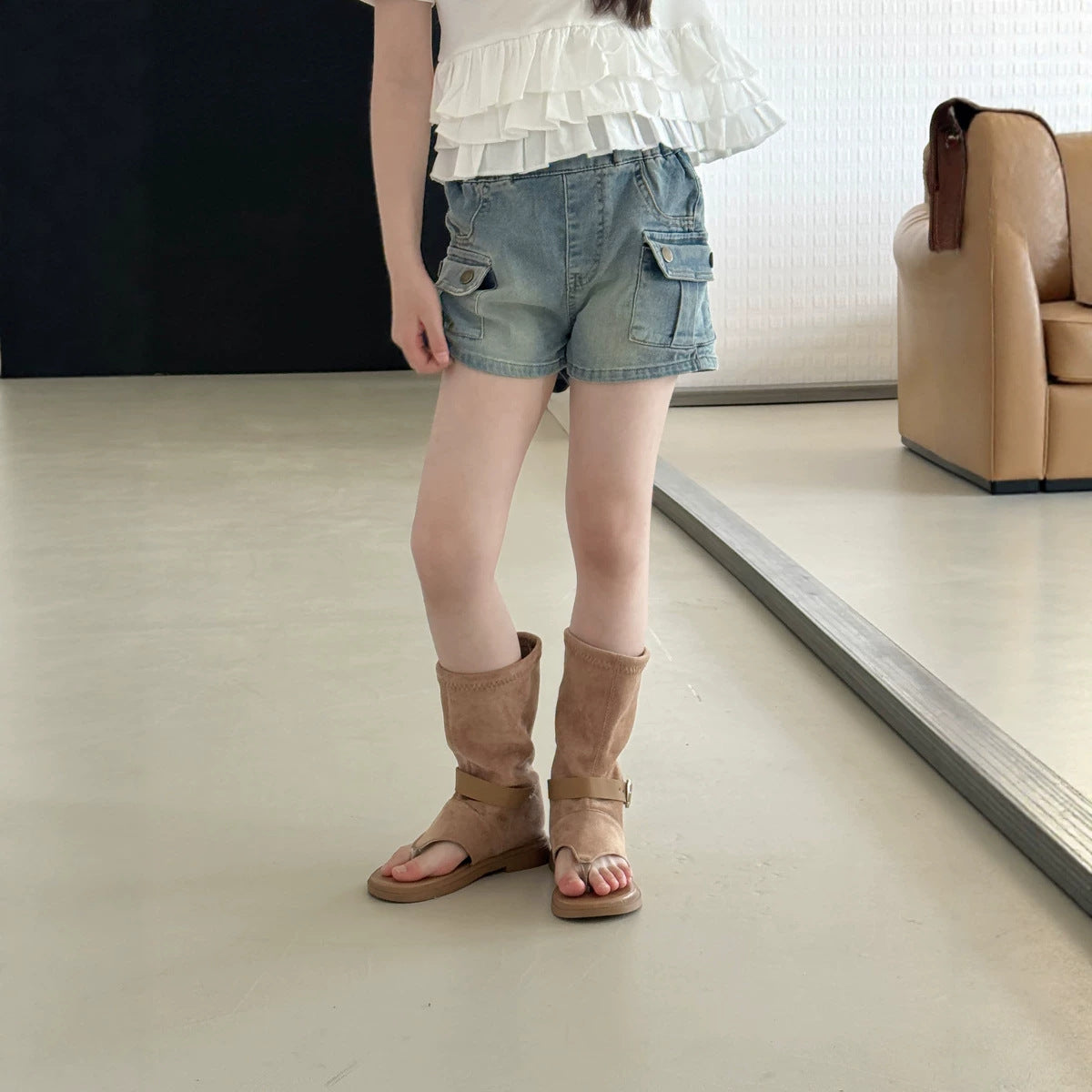 【100-130cm】復古做舊修身牛仔熱褲