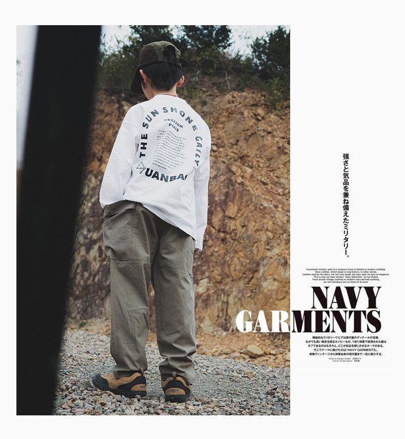 【100-160 cm】大口袋工裝褲復古直筒褲