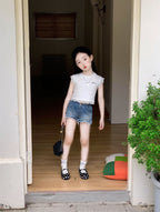 【90-150cm】辣妹字母蕾絲T | 復古牛仔短褲