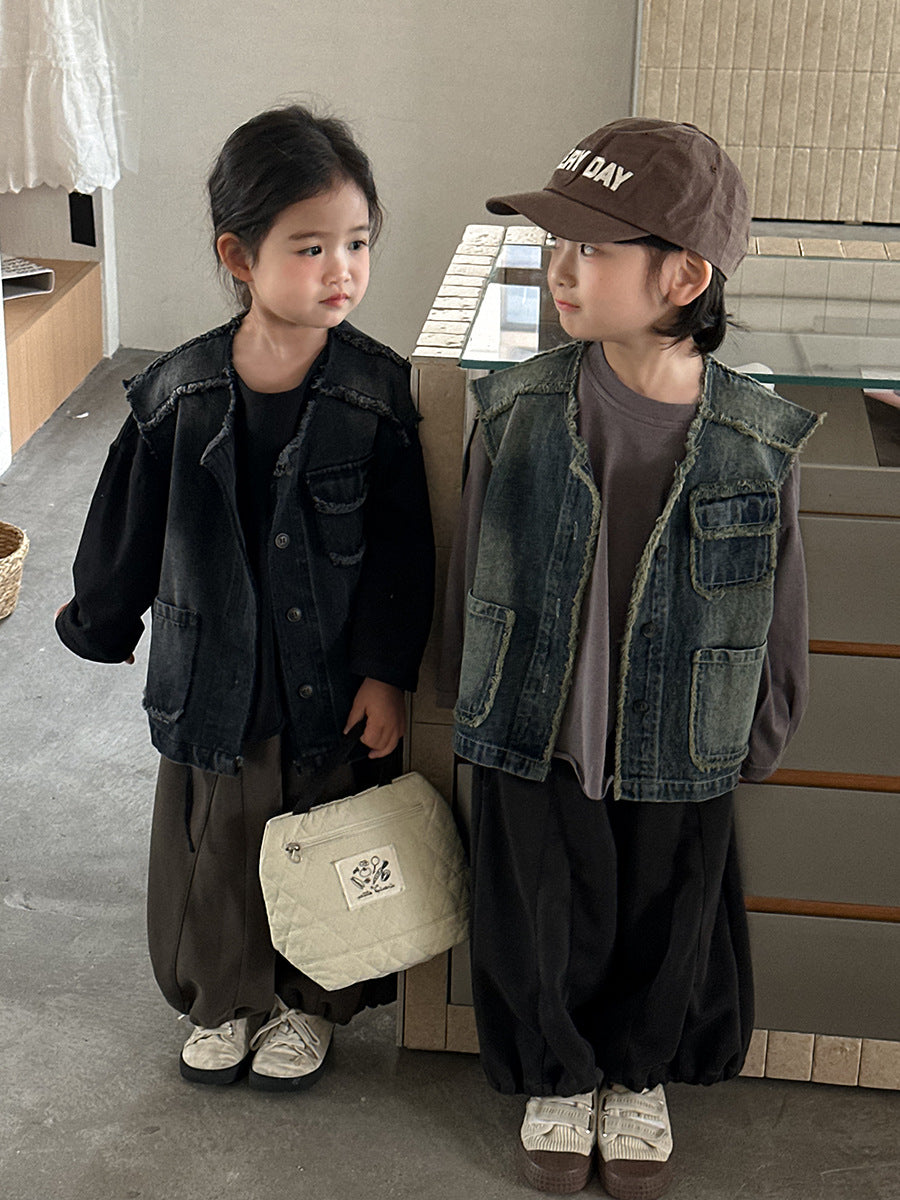 【80-140cm】短款毛邊牛仔工裝馬甲