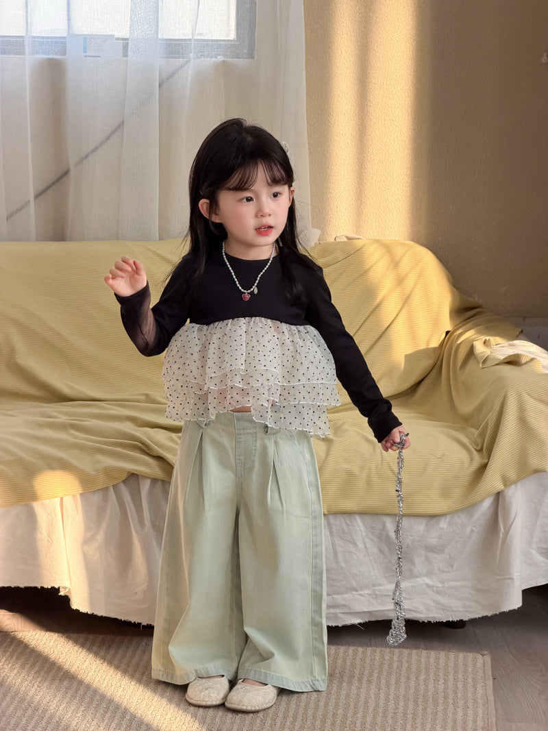 【90-140cm】(2色)波點網紗拼接公主蓬蓬裙上衣