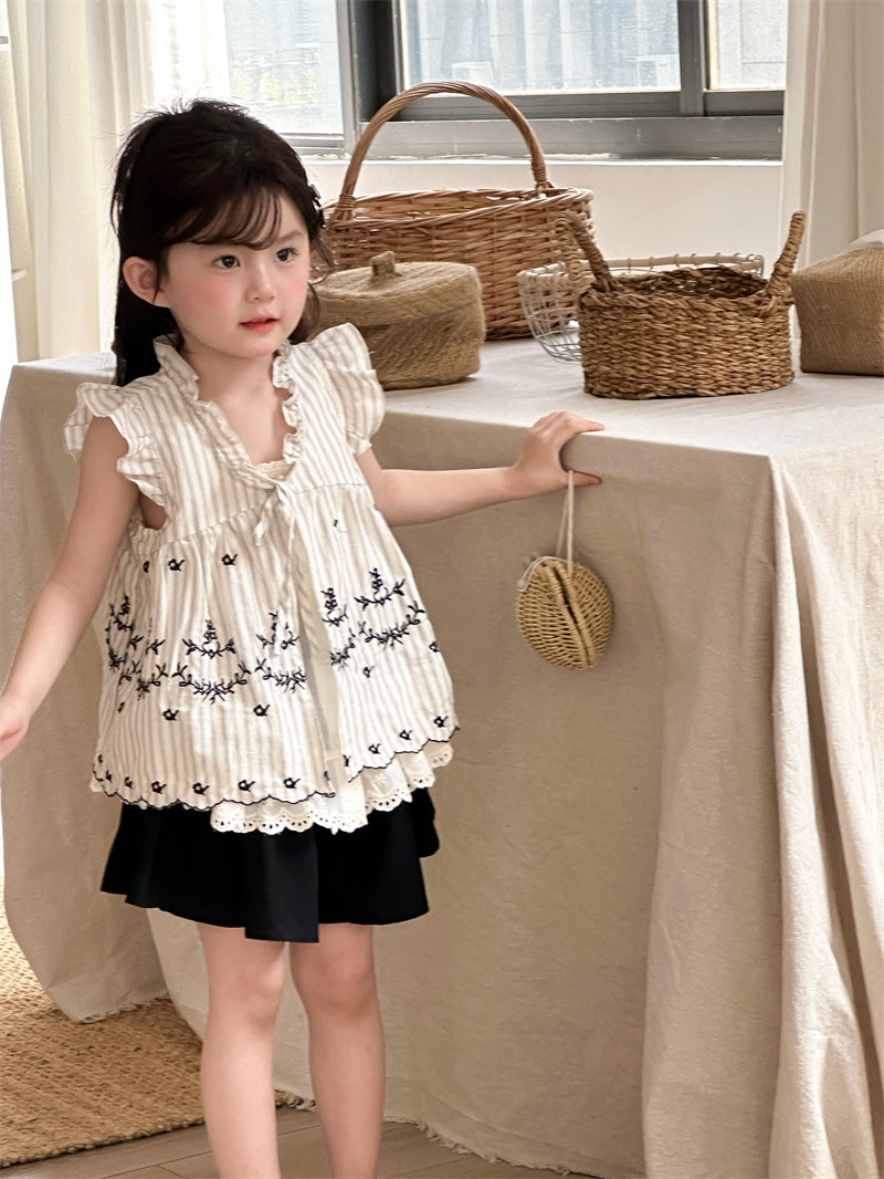 【80-130cm】韓版刺繡蕾絲綁帶假兩件上衣