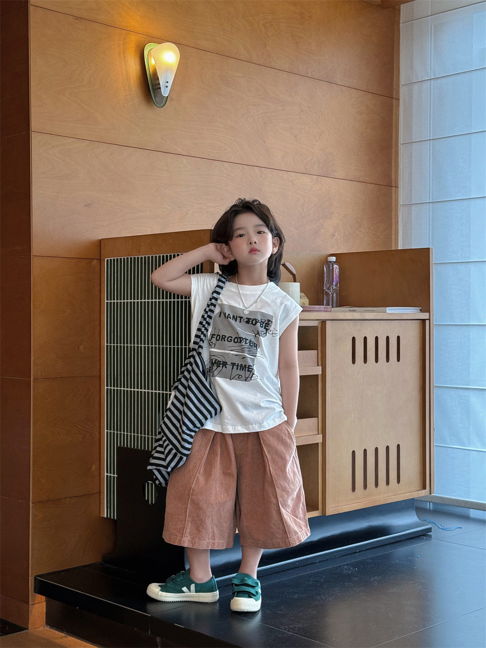 【100-160cm】復古休閒闊腿五分褲