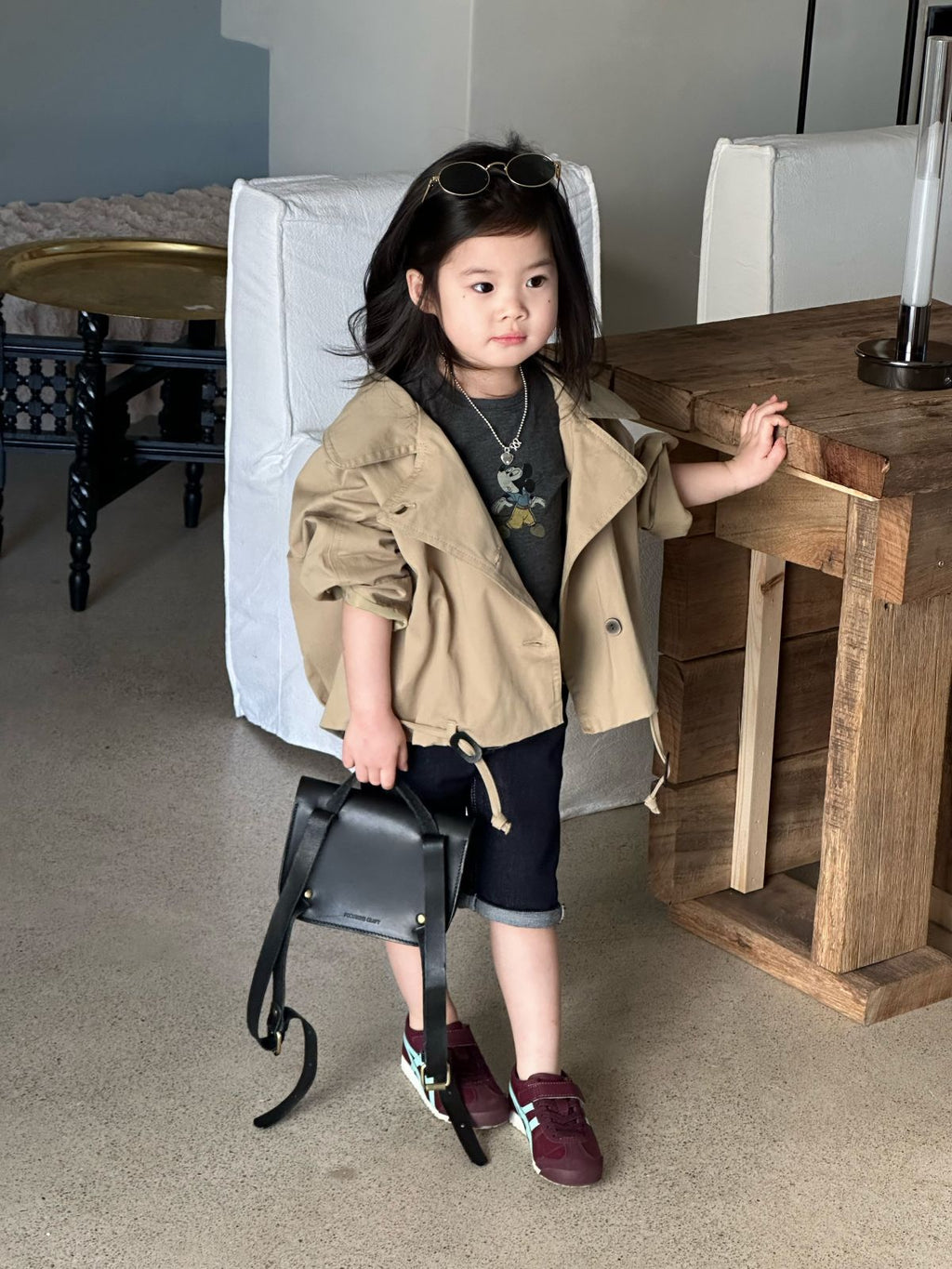 【90-140cm】大翻領短版風衣 |牛仔短褲