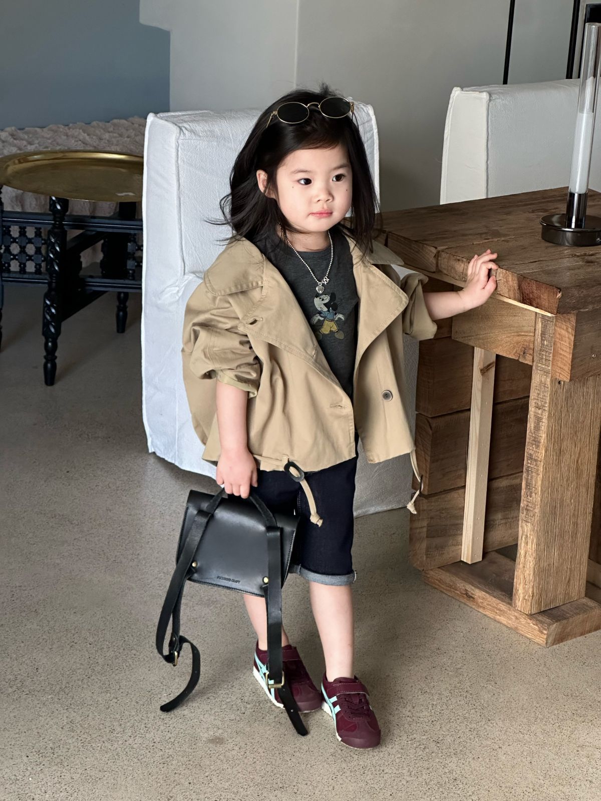 【90-140cm】大翻領短版風衣 |牛仔短褲