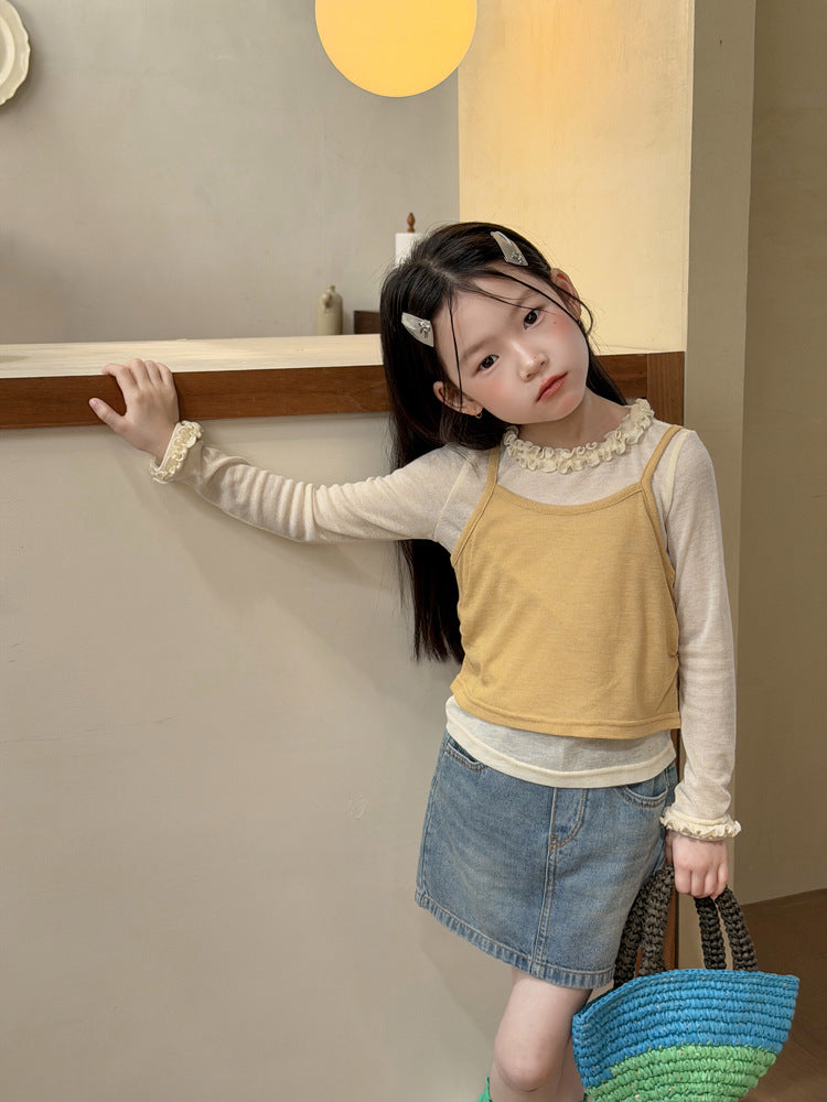 【100-170cm】法式花邊疊穿吊帶上衣兩件套
