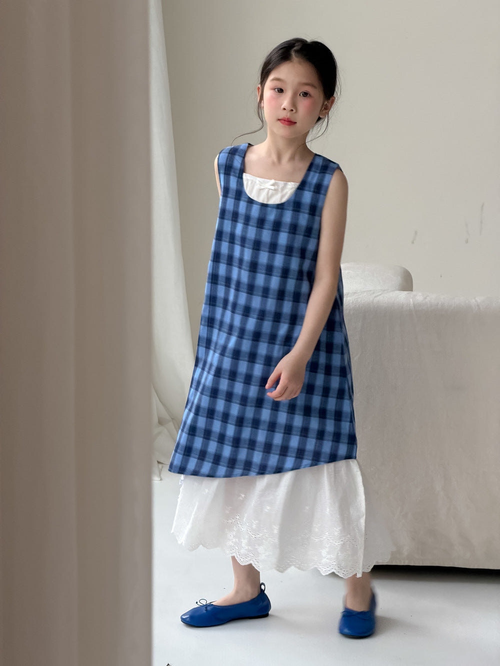 【100-160cm】韓版休閒藍格子背心裙