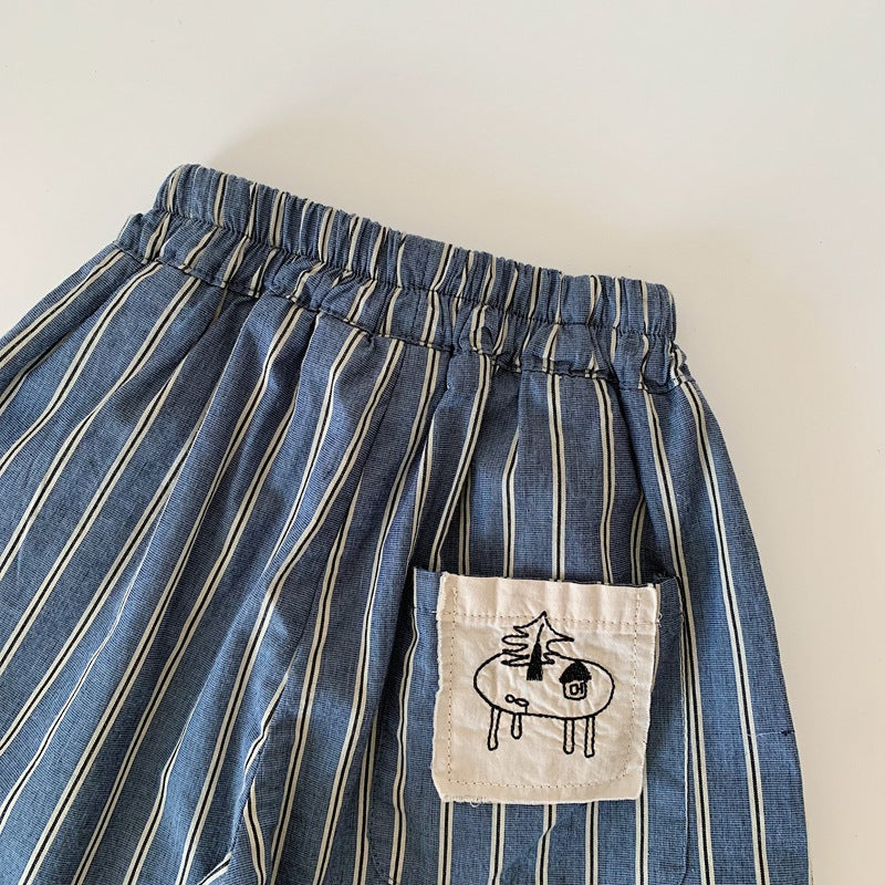 【80-130cm】韓版刺繡口袋九分褲