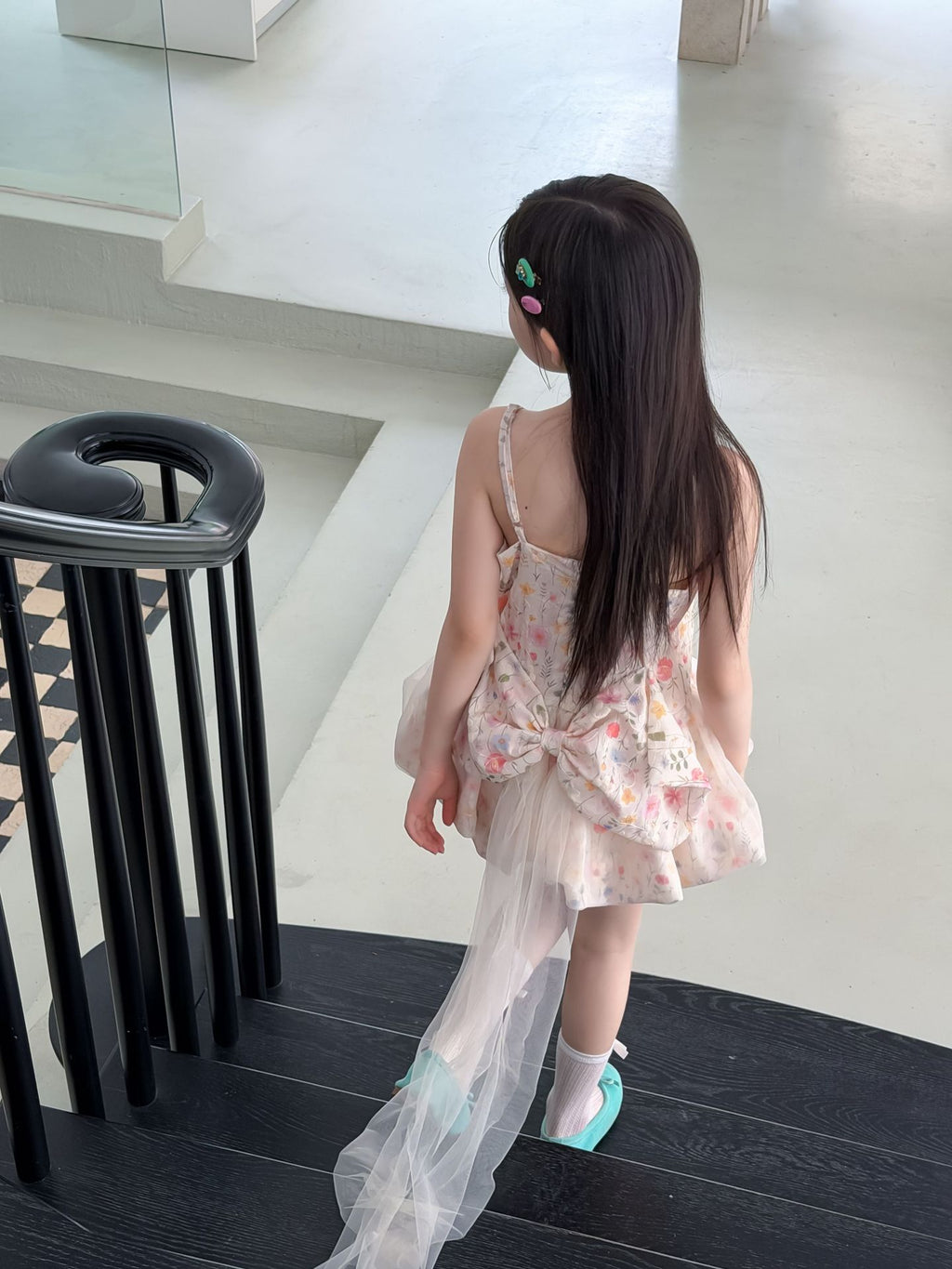 【90-160cm】碎花蝴蝶結網紗拖尾公主裙