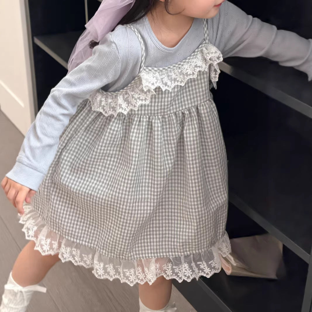【90-140cm】花邊格子洋裝吊帶裙