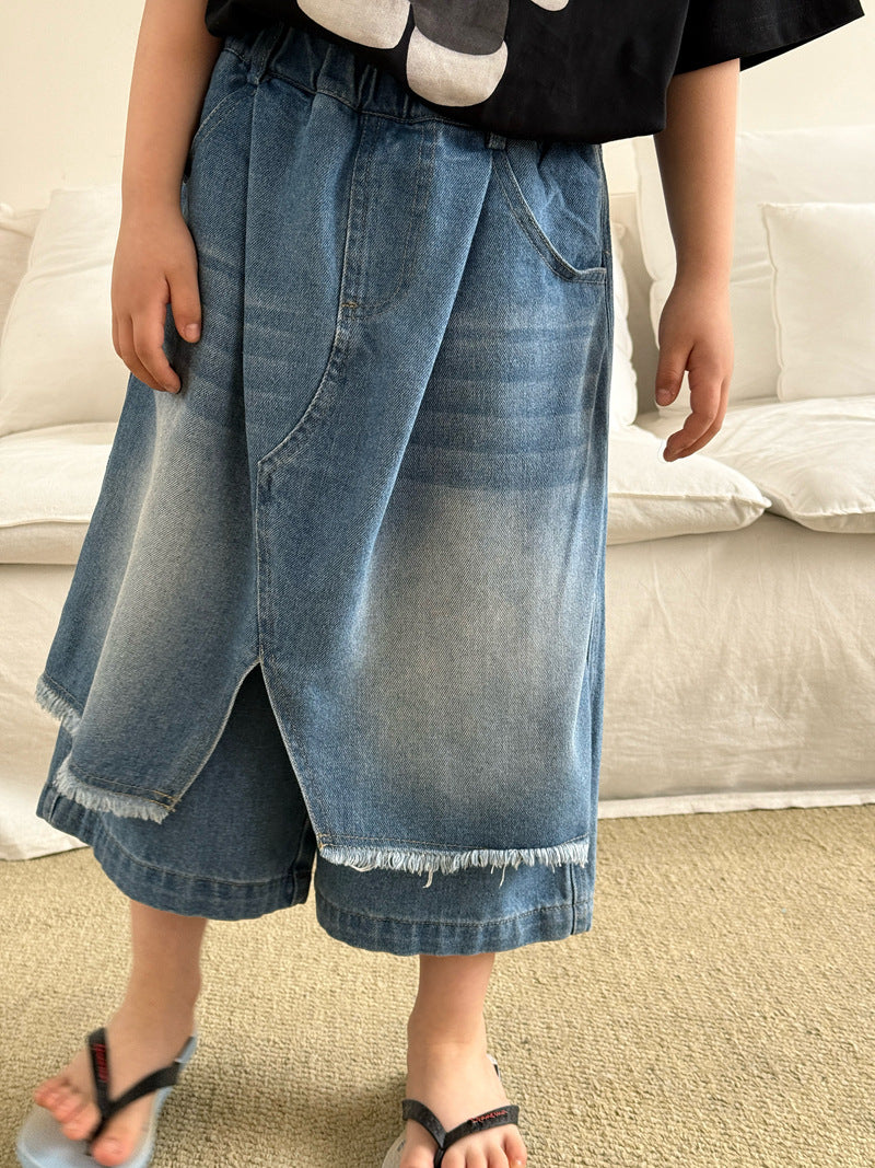 【120-160cm】不規則屁簾拼接寬腿七分牛仔褲