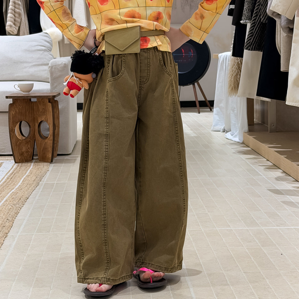 【100-160cm】韓版純色休閒彎刀褲