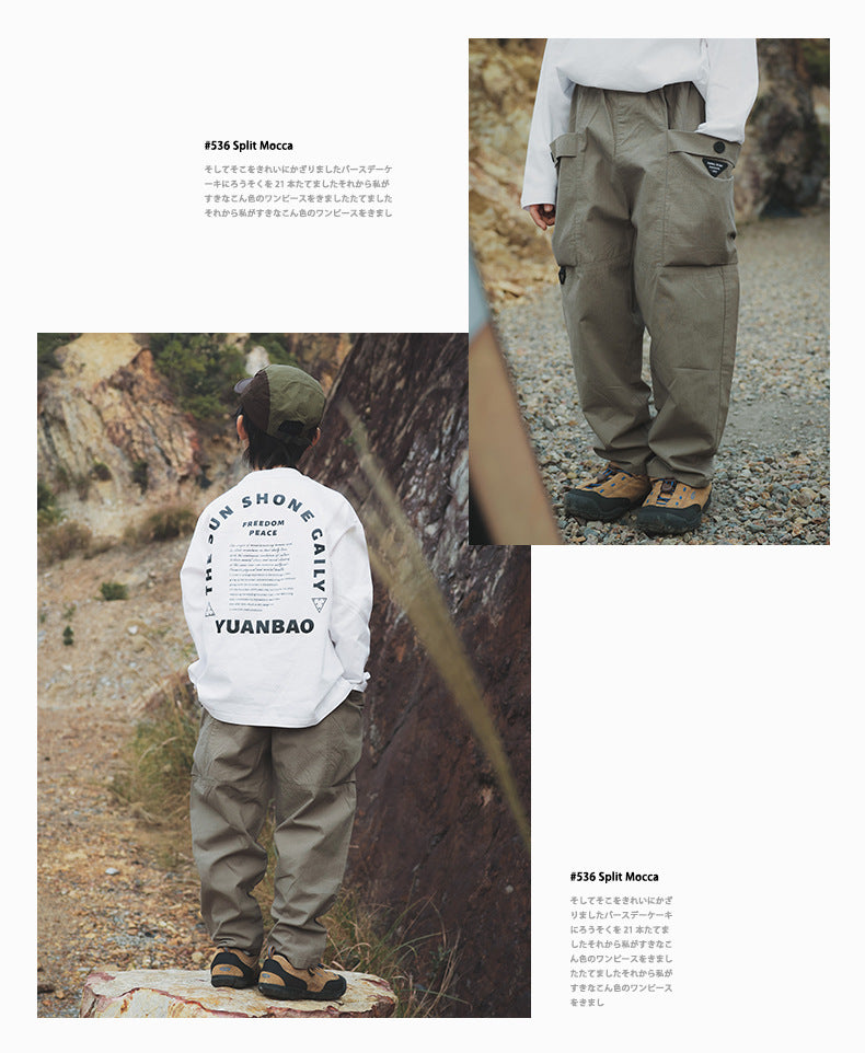 【100-160 cm】大口袋工裝褲復古直筒褲