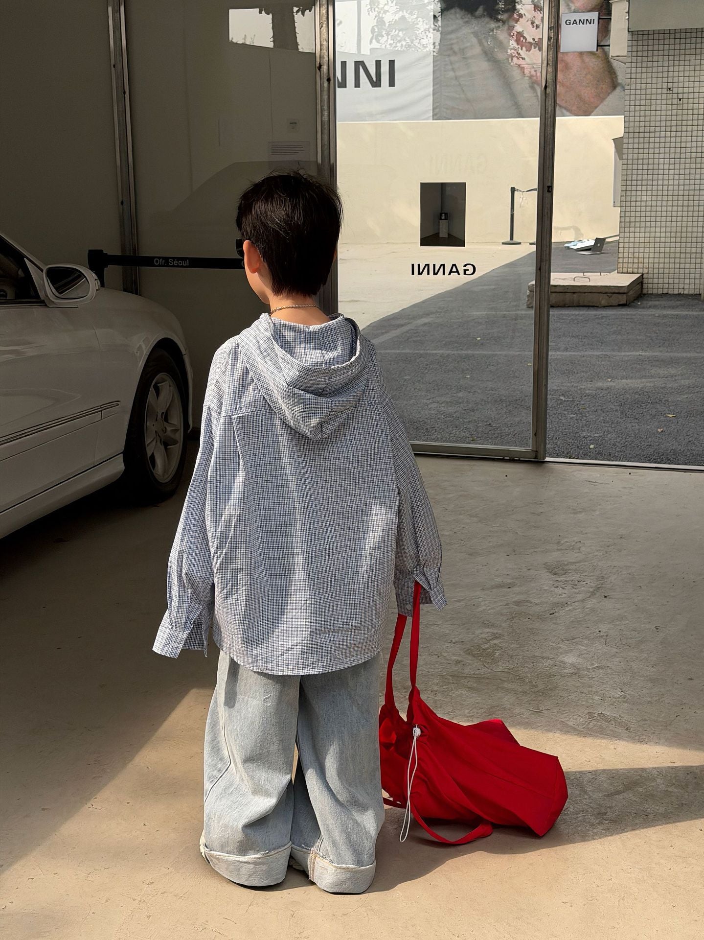 【90-160cm】韓版寬鬆休閒印花連帽襯衫