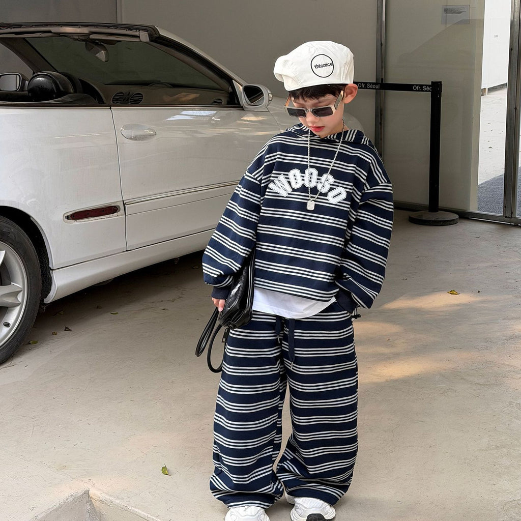 【90-160cm】韓版休閒連帽條紋套裝