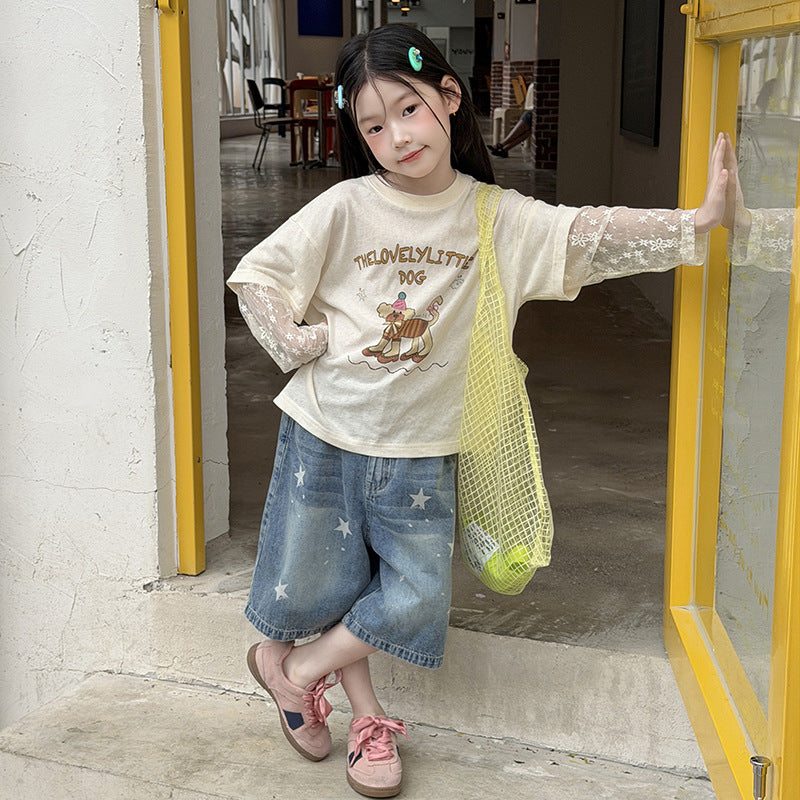 【100-170cm】氛圍感韓系甜美假兩件防曬蕾絲袖T